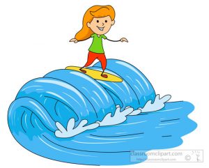 girl on surf board catching large wave clipart